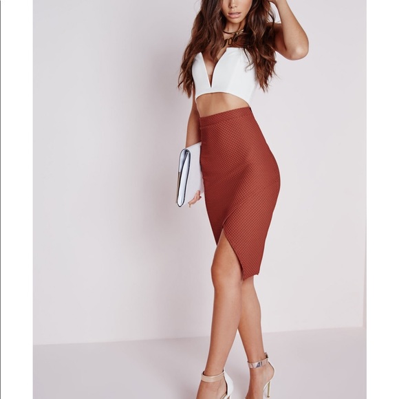 Missguided Textured Wrap Front Midi Skirt Rust - Picture 4 of 9